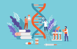 An illustration of three people surrounded by much larger science related objects such as books, test tubes, a dna sequence.