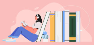 An illustration of a smiling student reading a book while leaning against a pile of human sized books