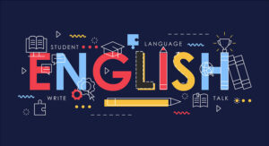 An illustration of the word English surrounded by books and other items representative of the segments of english learning.
