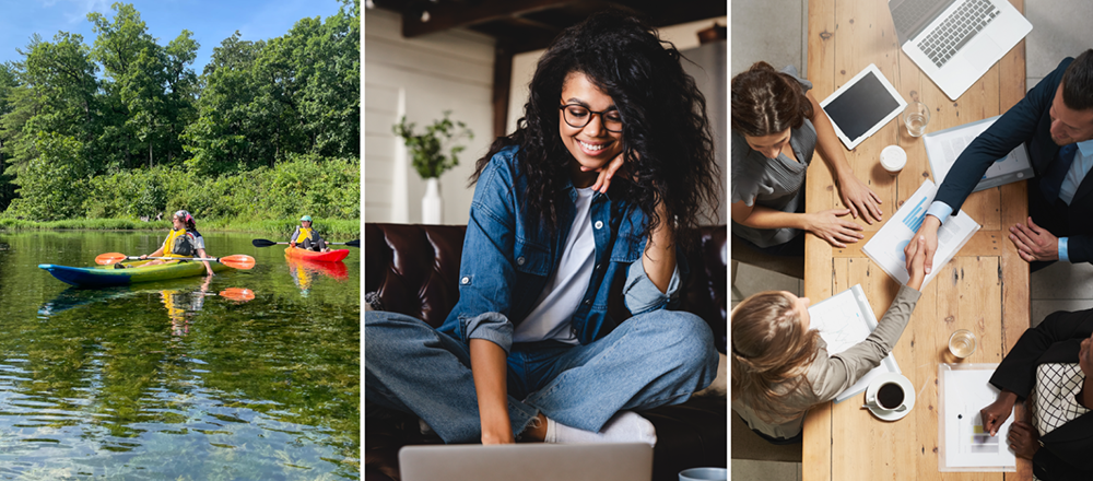 Three photos. From left to right: two people kayaking in Missouri, a girl smiling while studying on her computer, and an overhead shot of four people at a business meeting, the two people on opposite sides of the table are shaking hands.