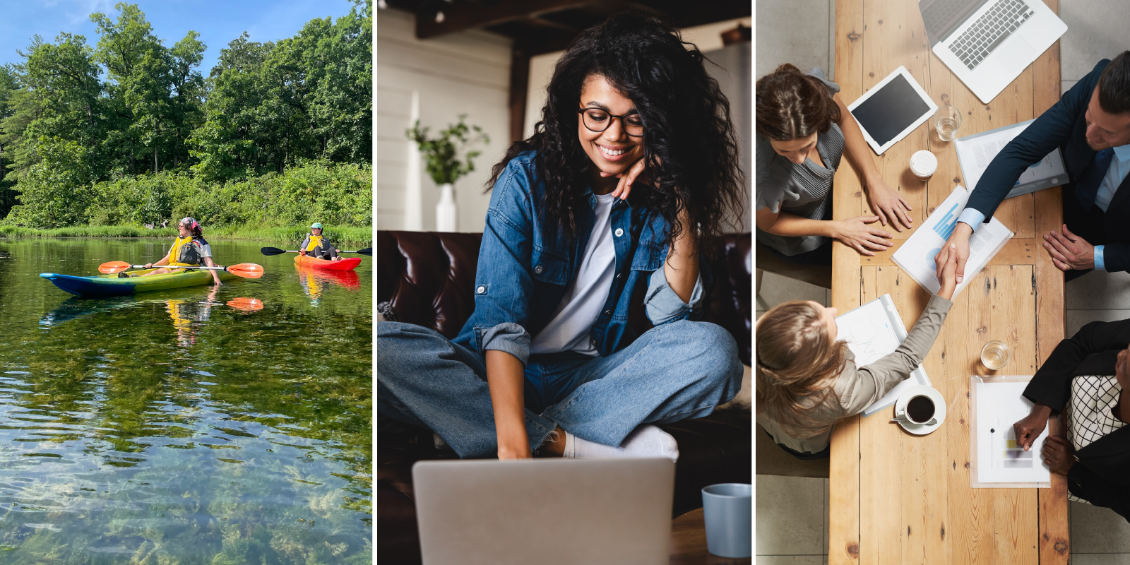 Three photos. From left to right: two people kayaking in Missouri, a girl smiling while studying on her computer, and an overhead shot of four people at a business meeting, the two people on opposite sides of the table are shaking hands.