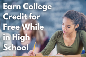 a girl in an olive shirt sitting at her desk. there is the overlay of a title: Earn College Credit for Free While In High School