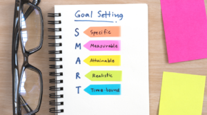 A pair of glasses and sticky notes surround a notebook where the SMART goal acronym is listed.
